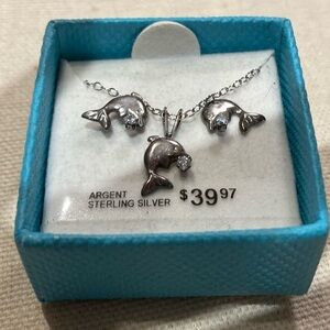 NWT Sterling Silver Dolphin Pendant Necklace and matching earrings